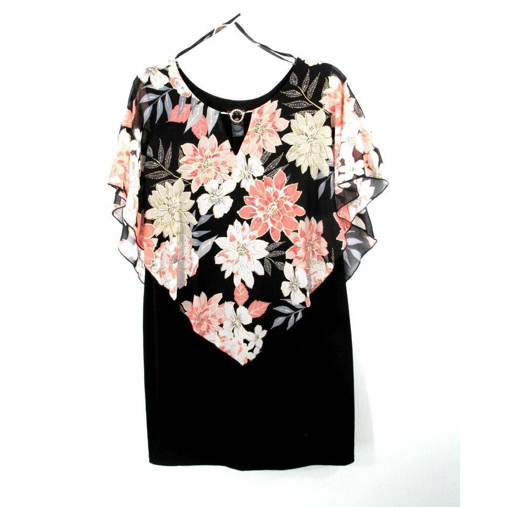 EN FOCUS Midi Shift Dress Women 14W Floral Black Pink Kaftan Special Occasion
